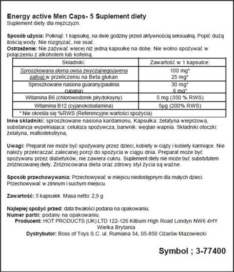 Kapsułki pobudzające dla mężczyzn Hot Men Energy 5 szt Hot