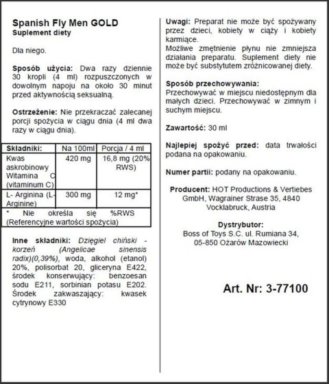 Krople pobudzające Spain Fly Men Złoty Mocny Hot 30ml Hot
