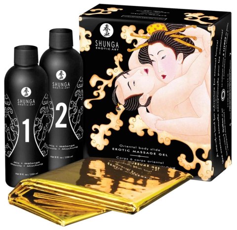 Zestaw żelu do masażu Shunga Melon Mango Oriental Body Slide z folią Shunga