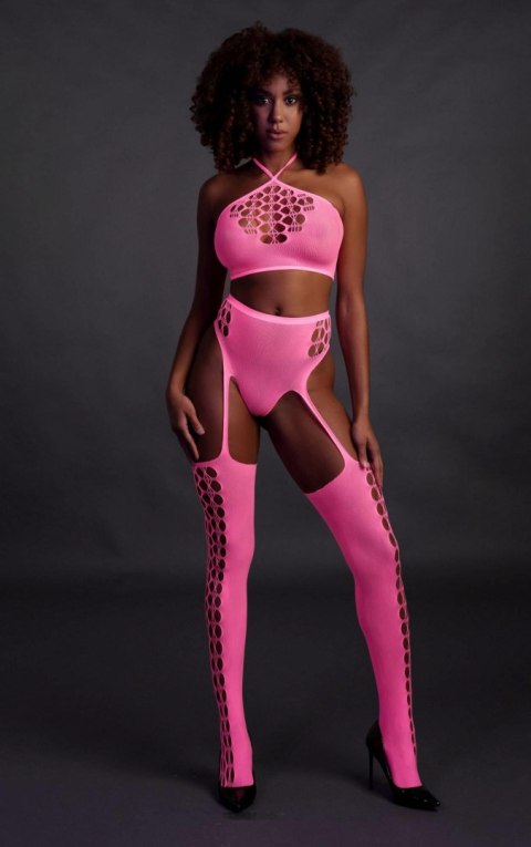 Neonowy komplet Ouch! crop top i pończochy różowy XS/XL Ouch!