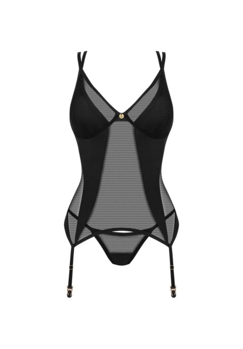 Czarny siateczkowy gorset z stringami i pasami Obsessive M/L Obsessive
