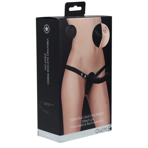 Wibrujący strapon silikonowy Ouch żebrowany regulowany czarny 15,5 cm Ouch!