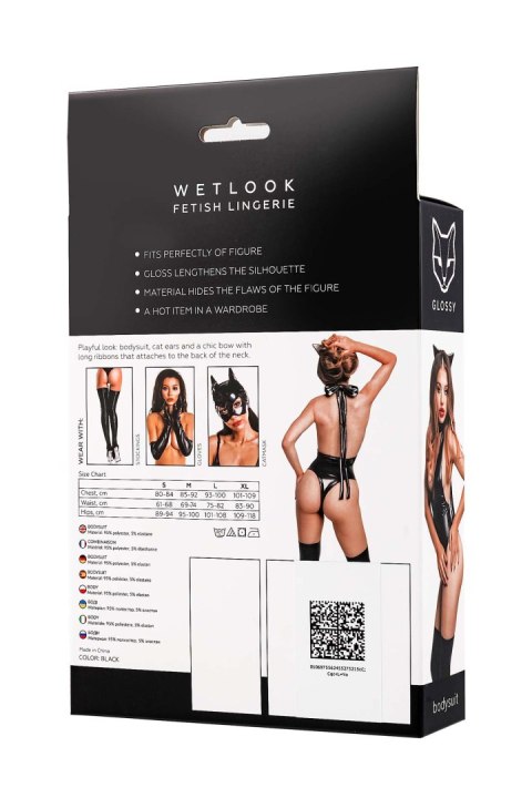 Body Glossy Kitti z uszami kota wetlook czarne M Glossy